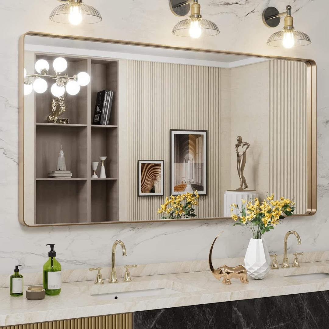 LOAAO 60X30 Gold Bathroom Mirror, Rounded Rectangle Gold Frame Mirror, Brushed Gold Bathroom Vanity Mirror Wall-Mounted, Anti-Rust, Tempered Glass, Hangs Horizontally or Vertically