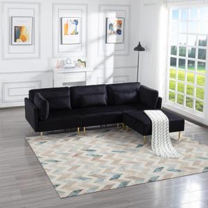 SONGG 105 L-Shaped Modern Convertible Sectional Sofa, Velvet Fabric Upholstered Couch, with Chaise Detachable, Washable Cover and Ottoman, for Living Room, Black