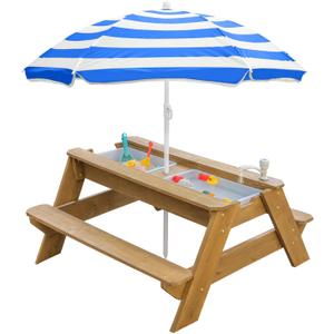 Kids 3-in-1 Sand & Water Table, Wood Outdoor Convertible Picnic Table w/Umbrella, 2 Trays, Removable Top with Faucet, Picnic Table for Outdoor Playset (Natural/Blue)
