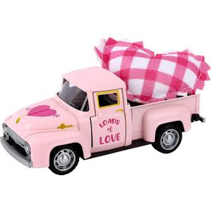 Valentines Day Metal Truck with Hearts Pink Truck Vintage Love Romantic Tiered Tray Decor for Farmhouse Metal Outdoor/Indoor Pickup Planter Car Model Valentines Day Table Top Centerpiece Supplies