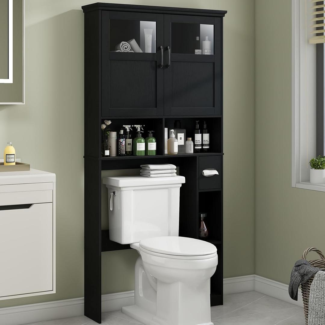 Vabches Over The Toilet Storage Cabinet, Storage Cabinet Over Toilet with Double Doors & Toilet Paper Holder Stand, Freestanding Toilet Shelf Space Saver with Anti-Tip Design & Adjustable Shelf, Black (W33.03'')
