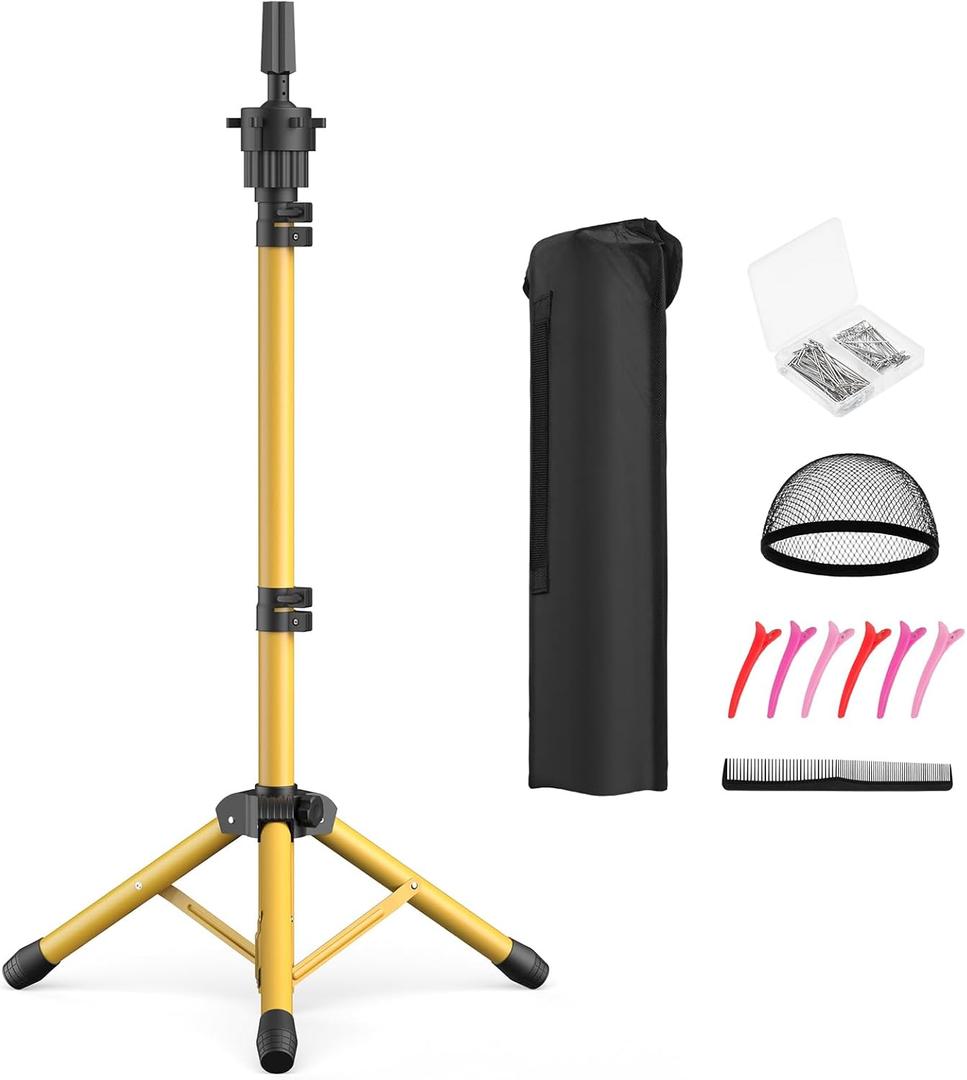 Wig Head Stand 50 Inches, Height Adjustable Tripod Wig Stand, Salon Mannequin Head Stand with Anti-Slip Base for Styling, Wig Display Barber Training, Beauty School (Gold)