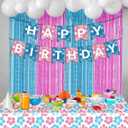 Hawaii Birthday Party Decorations Include Hibiscus Flowers Tablecloth and Hibiscus Flowers Birthday Banner, Blue Pink Foil Fringe Curtain for Hawaii Backdrops Decorations Suppiles