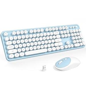 Atelus Wireless Keyboard and Mouse, Typewriter Full Size Keyboard with Number Pad and 2 in 1 USB Connected Mouse for Mac, Windows 7/ 8/ 10, Laptop, Desktop, PC, Computer (Blue-White)