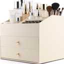 Homeanda Makeup Organizer with Drawers, PU Leather Cosmetic Storage Box Large Cosmetic Display Case for Skincare, Lipstick, Brushes, Bedroom Storage(Beige)