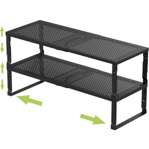 Expandable Adjustable Stackable Kitchen Organizer, Spice Rack,Metal Pantry Storage Shelves Racks,Counter Shelf for Cabinets, Countertop, Cupboard (2 Packs/Large/Black) (10.24"D x 16.6"~26.5"W x 6.1"/7.5"H)