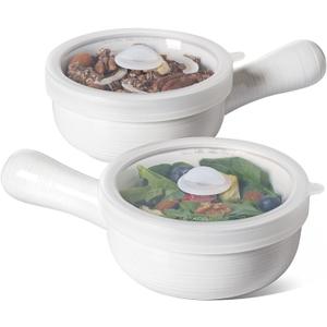 LE TAUCI Soup Bowls with Handles and Silicone Lids, 15 Oz French Onion Soup Bowls, Non-Toxic Ceramic Soup Crocks for Noodles, Stew, Cereal and Chilli, Oven Microwave Dishwasher Safe, Set of 2, White