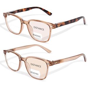 OPTOFENDY Bifocal Reading Glasses for Women, Blue Light Blocking Computer Readers with Spring Hinges, Retro Square Frame (Champagne+light Brown)