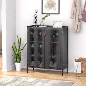 Shoe Cabinet, 20 Pair Farmhouse Shoe Organizer Cabinet, Freestanding Bamboo Wood Shoe Storage Cabinet with Grille Doors, 5-Tier Narrow Shoe Cabinet for Entryway Hallway, Black, 31.49"W X 13.78"D X 39.37"H