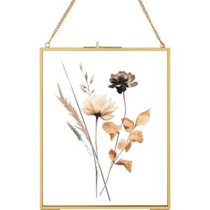 8x10 Gold Floating Picture Frames, Double Glass Hanging Frame for Pressed Flower, Vintage Brass Photo Frame with Metal Chain for Wall Mount, Large Vertical Clear Frame for Artwork Display Gallery Home