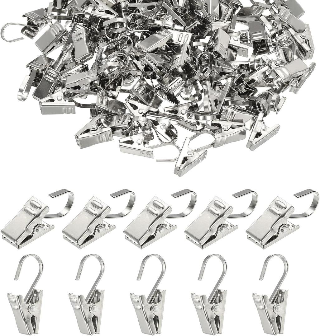 PATIKIL 100 Pcs String Light Hanging Clips, Stainless Steel Small Curtain Hooks Decoration Hanger for Outdoor Camping Christmas Light Ornament Craft Display (Deep Silver)