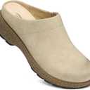 SHIBEVER Clogs for Women Mules Shoes Leather Slip On Clog Closed Toe Comfortable Mules, Beige, Size 9