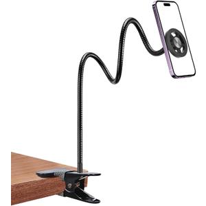 LenTok Magnetic Cell Phone Stand Holder for Bed Laying Down, Lazy Bedside Gooseneck Phone Mount with Clamp Clip for Desk, Desk Tripod for iPhone, Compatible with Magsafe All Smartphone