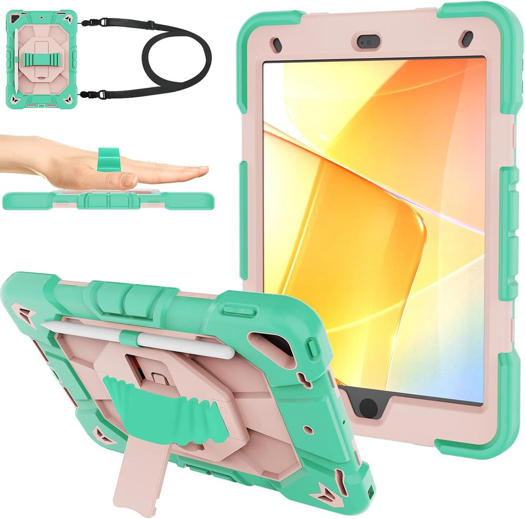 Case for iPad 9th/8th/7th Generation Case 10.2" InchShockproof Hard Cas Cover Compatible with iPad 9th/8th/7th Gen,360 Rotating Stand, Hand Strap, Shoulder Strap, Pencil Holder(Green+Pink)