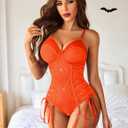 Avidlove Lingerie for Women Sexy Corset Garter Lingerie Set One Piece Teddy Bodysuit Boudoir Outfit (Orange, XL)