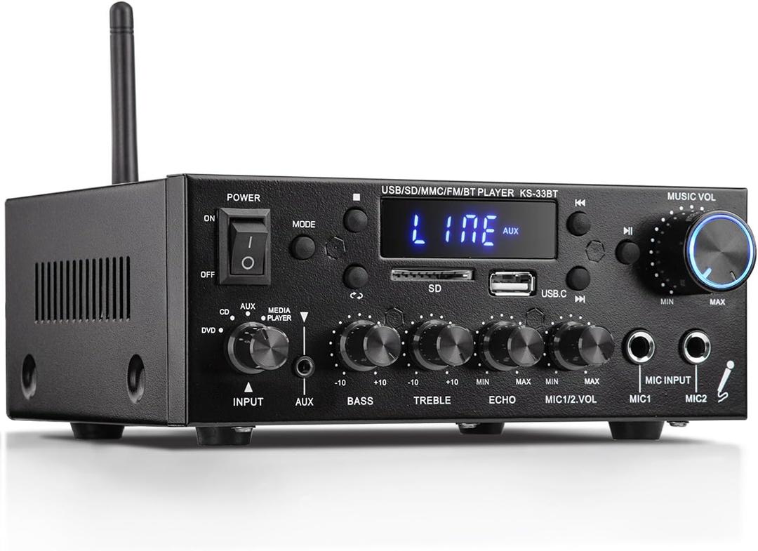 Facmogu KS-33BT 2.1CH Stereo Audio Amplifier Receiver with Active Subwoofer Output, RMS 60Wx2 Max 400Wx2 Mini BT Amp Home Theater Stereo Receiver, Bluetooth 5.0 HiFi Receivers w/MIC/Echo/USB/SD/AUX/FM