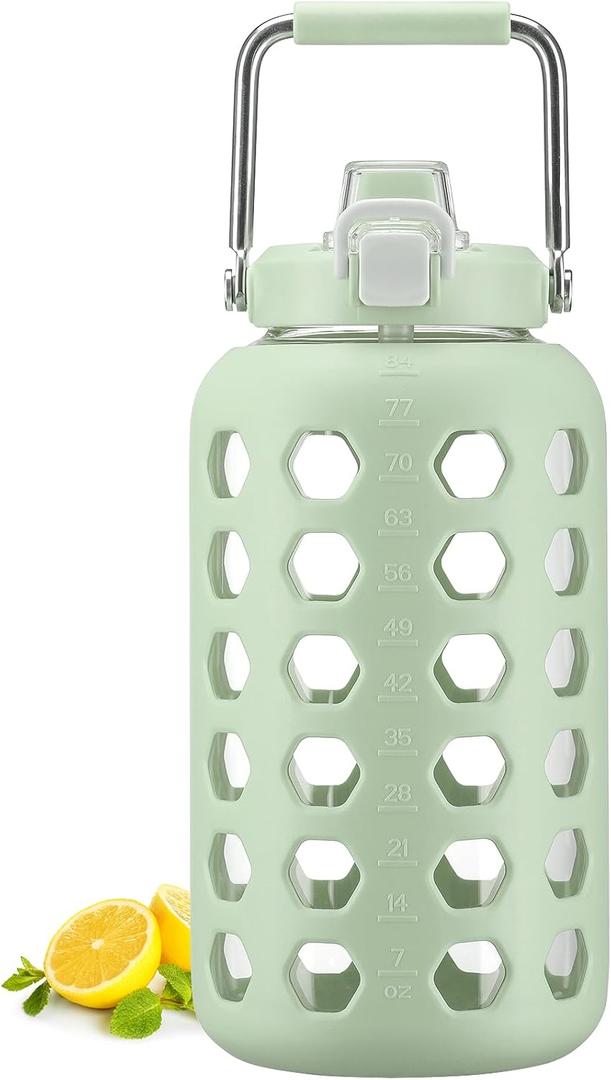 MUKOKO 84 oz Glass Water Bottles,2.5 Liter Gallon Drinking Bottle with Handle,Large Glass Water Jug with Silicone Sleeve for Gym Sports,Time Marker,Wide Mouth,Green