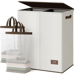 SOLEDI Luxury Double Laundry Hamper with Lid and Removable Bags, Large Hamper for Laundry, Laundry Basket 2 Sections, Collapsible Ditry Clothes Hamper for Bedroom, Laundry Room, Bathroom, Off-white (145L)