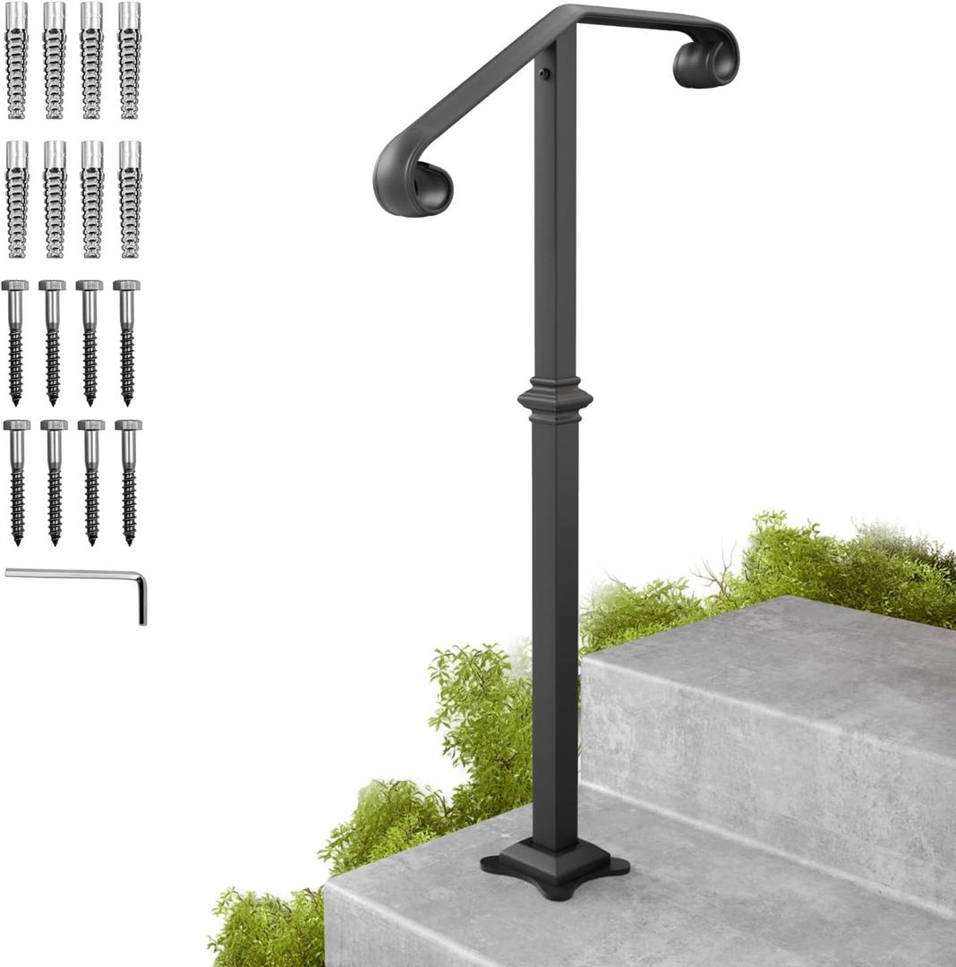 SPACEEUP handrails for Outdoor Steps Single Post handrail Black Step Handrail Stair Railing Fit for 1-2 Steps Wrought Iron Handrail Grab Rail Single Post Railing Kit with Base Plate 38.8"X20.5", 
Black