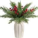 30 Pcs/Set Christmas 3D Artificial Pine Branches- 12.5 Inch Faux Evergreen Cedar Sprigs Branches- Fake Foliage Pine Needles Picks with Artificial Red Berry Stems for DIY Christmas Decoration