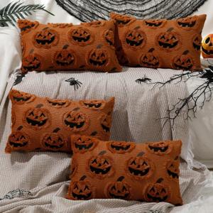 2 x Tranqun 4 Pcs Halloween Pillow Covers Fall Pumpkin Ghost Throw Covers 3D Embroidered Faux Fur Cushion Cases for Halloween Thanksgiving Autumn Home Sofa Bed Room Decor(12 x 20'',Rust)