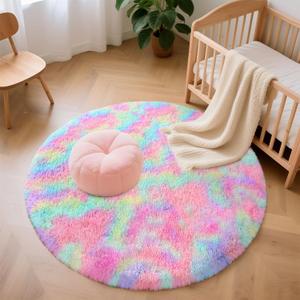 Rainbow Round Rug for Bedroom, 4Ft Fluffy Circle Area Rugs for Living Room, Shag Fuzzy Carpet for Kids Room, Nursery, Dorm, Classroom, Teen, Cute Baby Play Mat Home Decor Aesthetic