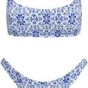 VOLAFA Women's Triangle Bikini Set Smocked Textured Scoop Frilled Print Ruched Elastic Swimsuit Two Piece Bathing Suit (6, Blue3)