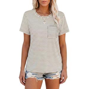 MAOWINTY Women's Striped Henley Shirts Short Sleeve V Neck Button Down Casual Loose Tunic Tops Summer Lightweight Breathable Blouses (White L) (L)
