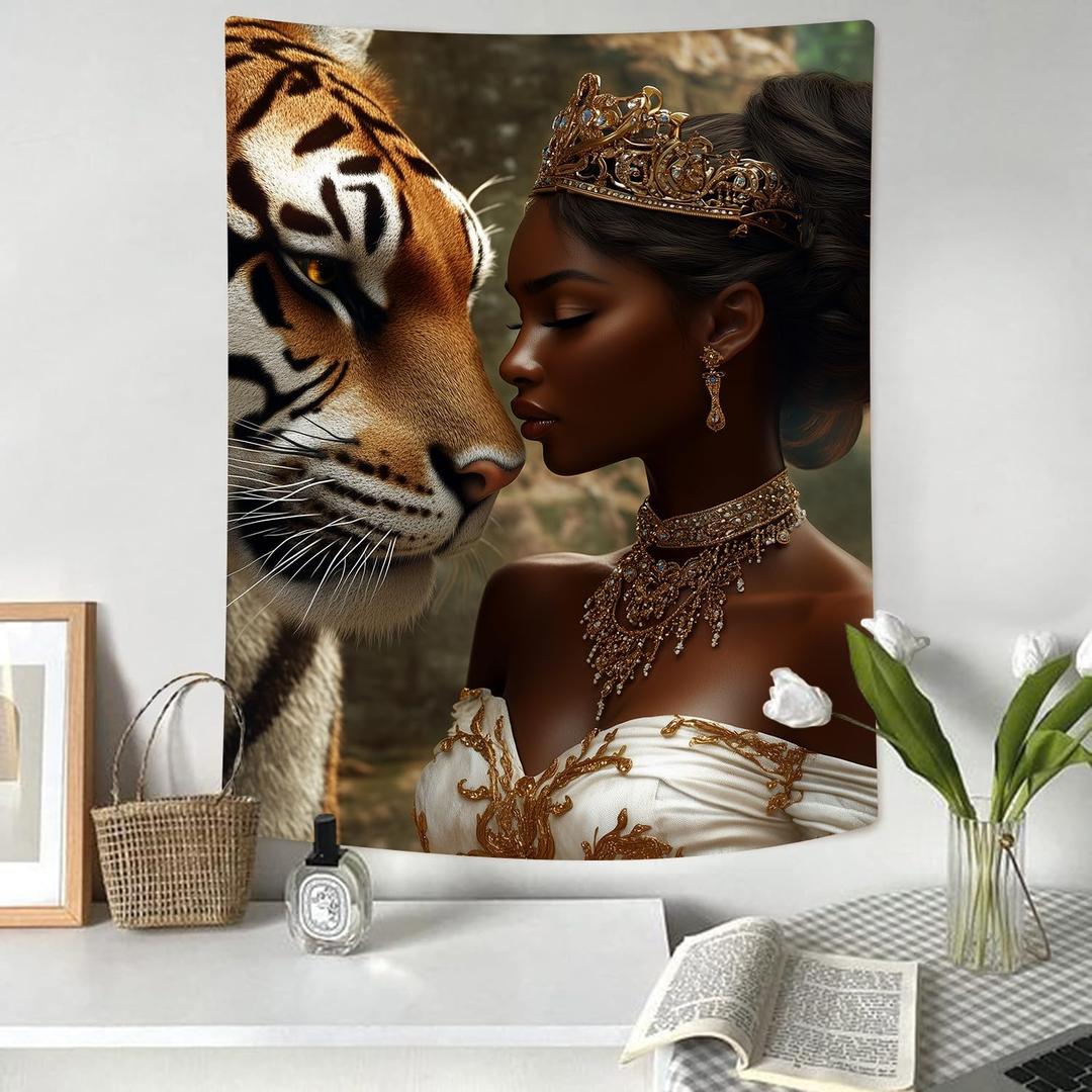 RichIdeas Beauty and Tiger Tapestry Wild Animal Tapestries Black Girl Wall Blanket for Bedroom Living Room Decor 44x60 Inches RITADJ1176