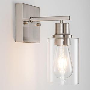 EMONG Brushed Nickel Bathroom Light Fixtures, 1-Light Vanity Lights with Clear Glass Shade, Wall Sconces for Hallway, Farmhouse, Living Room, Kitchen (AM-70050-1-SN)