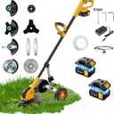 12-inch Electric Weed Wacker Cordless on Wheels, 21V 2 * 3000mAh Weed Eater Battery Powered, Cordless String Trimmer with Brushless Motor, Grass Trimmer and Brush Cutter with 4 Types of Blades for Lawn (Yellow)