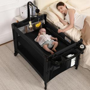 Pack and Play, 4 in 1 Baby Playard Portable Crib, Bassinet, Bedside Sleeper, Changing Table & Playpen | Breathable Mesh | Safe & Foldable for Newborns to Toddlers (Black)