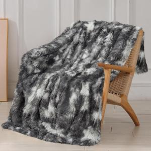Tuddrom Decorative Extra Soft Fuzzy Faux Fur Throw Blanket 50" x 60",Solid Reversible Long Hair Shaggy Blanket,Fluffy Cozy Plush Comfy Microfiber Fleece Blanket for Couch Sofa Bedroom,Tie Dye Grey