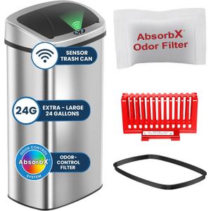 iTouchless 24 Gallon Extra Large Touchless Sensor Trash Can with AbsorbX Odor Filter, 91L Commercial Stainless Steel Automatic Kitchen Bin for Home, Office, Restaurant, Store, Lobby