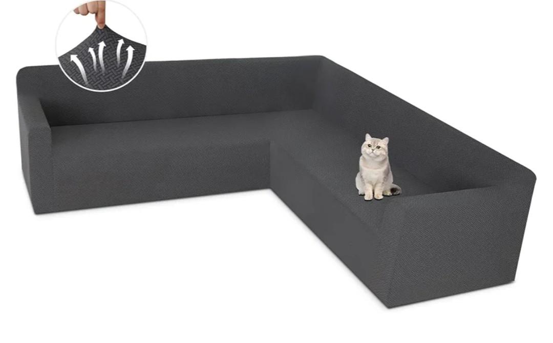 ALIECOM Stretch Corner Sectional Couch Covers L Shape Sofa Covers Washable Sectional Slipcovers U Shape Jacquard Living Room Pet Dogs Furniture Protector with Elastic Bottom (Dark Grey, X-Large)