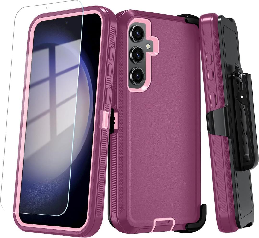 ONOLA Phone Case for Samsung Galaxy S25 FE Case with HD Screen Protector, Heavy Duty Shockproof & Drop proof 3-Layer Cover Phone Case for Galaxy S25 FE 6.7'',BeltClip_WineRed