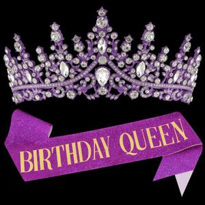 COCIDE Purple Birthday Queen Sash for Women Happy Birthday Crowns Princess Tiaras Sashes for Girl Crystal Party Decorations Rhinestone Headband Supplies Decor