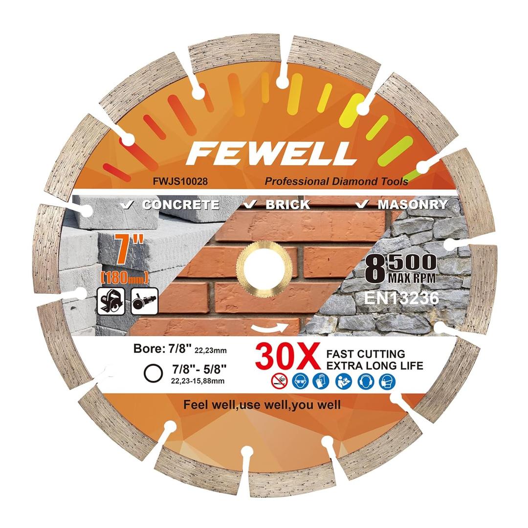 FEWELL 7 Inch Diamond Blade,Concrete Segmented Saw Blade for Angle Grinder Dry/Wet Cutting Concrete Masonry Brick Block Stone with 7/8"-5/8 Adapter