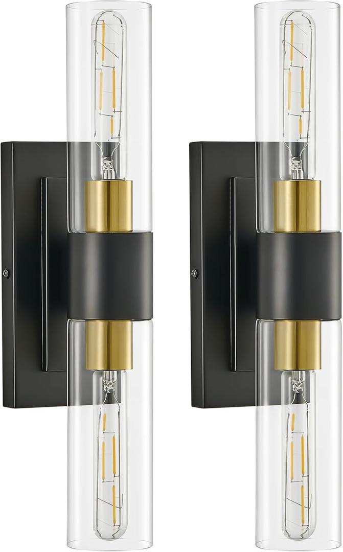 ZSMAIKU 19" Black and Gold Wall Sconces Set of Two, Modern Bathroom Light Fixtures, 2-Light Vanity Lights for Mirror, Indoor Wall Lamp Wall Mount Light for Bedroom, Living Room with Clear Glass E26 Base