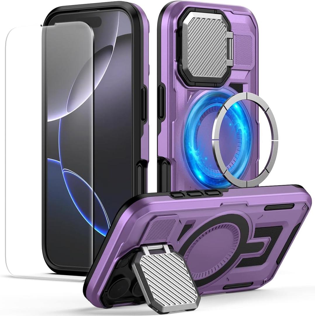 MMHUO for iPhone 16 Pro Case with Adjustable Camera Protector & Screen Protector,[Compatible with MagSafe] [Military Grade Protection] Shockproof Phone Case for iPhone 16 Pro,Purple