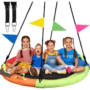 Tree Swing, Saucer Swing, 60 inch Large for Family, with Adjustable Hanging Straps, for Backyard Outdoor, Multicolor, Circle Round Disc, Gifts for Kids