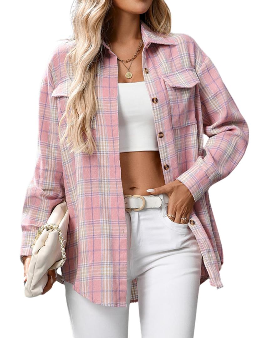 Women's Oversized Flannel Shirts Long Sleeve Button Down Plaid Shirt Business Casual Work Blouse Top Large