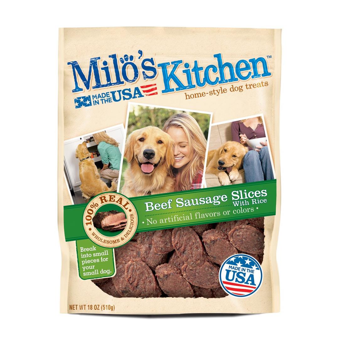 Milo's Kitchen Beef Sausage Slices with Rice Dog Treats, 18 Ounce (Pack of 4), BB Date 06/28/2026