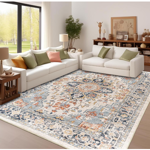 Enkor Area Soft Rugs Washable Non Slip Floor Boho Rugs for Living Room Bedroom, Vintage Style Farmhouse Mat for Kitchen Entryway Orange & Black. Size 5'×7'