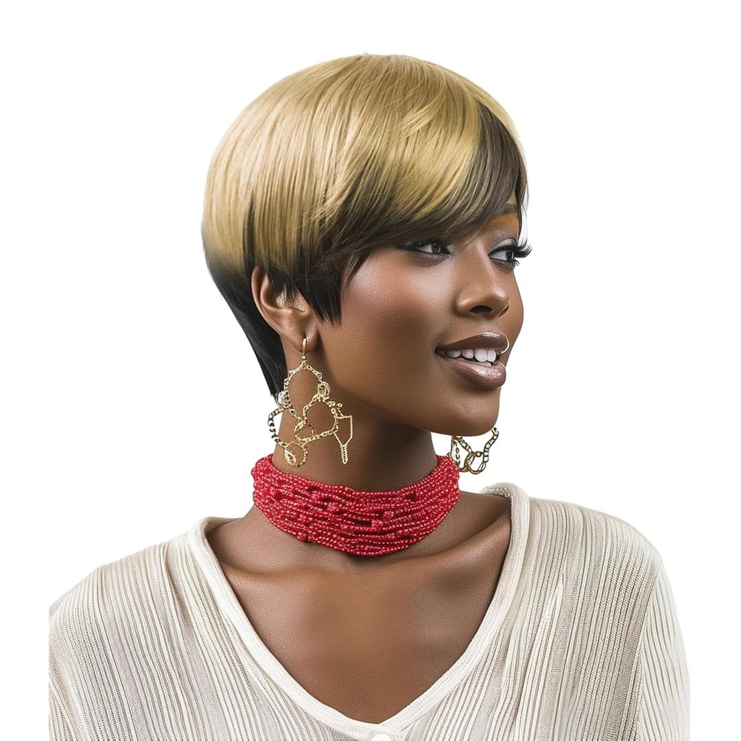 Short Pixie Cut Wigs For Black Women Short Synthetic Ombre Blonde Wigs For Black Women Short Hair Bob Wig Side Part Bob Straight Hair Asymmetrical Pixie Cut Wig (Ombre Blonde) (Blonde to Brown)