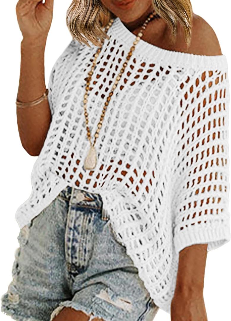 Zeagoo Short Sleeve Crochet Sweater Lightweight Summer Tops Loose Hollow Out Crewneck Pullover (White, M)