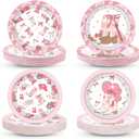 48 Pcs Pink Western Cowgirl Paper Plates Coquette Bow Cowgirl Disposable Tableware Pink Bowknot Dinnerware Rodeo Bachelorette Party Supplies for Baby Shower Wedding Birthday Party Decorations