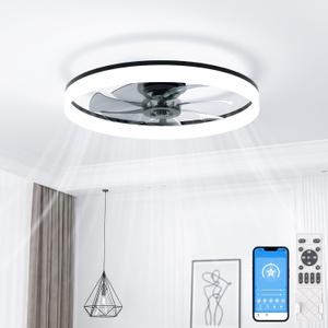 VOLISUN Low Profile Ceiling Fans with Lights and Remote, 24in Fandelier Ceiling Fan with Light, 3000K-6500K Dimmable Bladeless LED Fan Light, Black Flush Mount Ceiling Fans with Lights for Bedroom