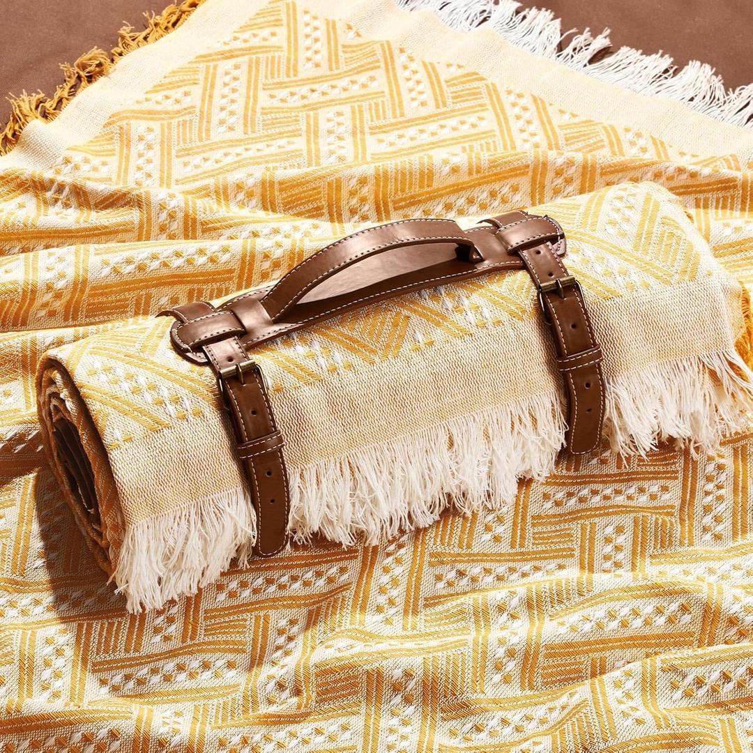 VitalCozy Waterproof Picnic Blankets Outdoor Blanket Foldable 2 in 1 Double Layer Sandproof Beach Mat with Carry Strap for Camping Lawn Park Beach Grass (Yellow White)