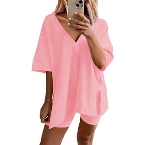 Ekouaer Womens Pajamas 2 Piece Lounge Sets Oversized V Neck T-Shirts Tops Biker Shorts Set Workout Reversible Tracksuit S-XXL (S, Orange Pink)